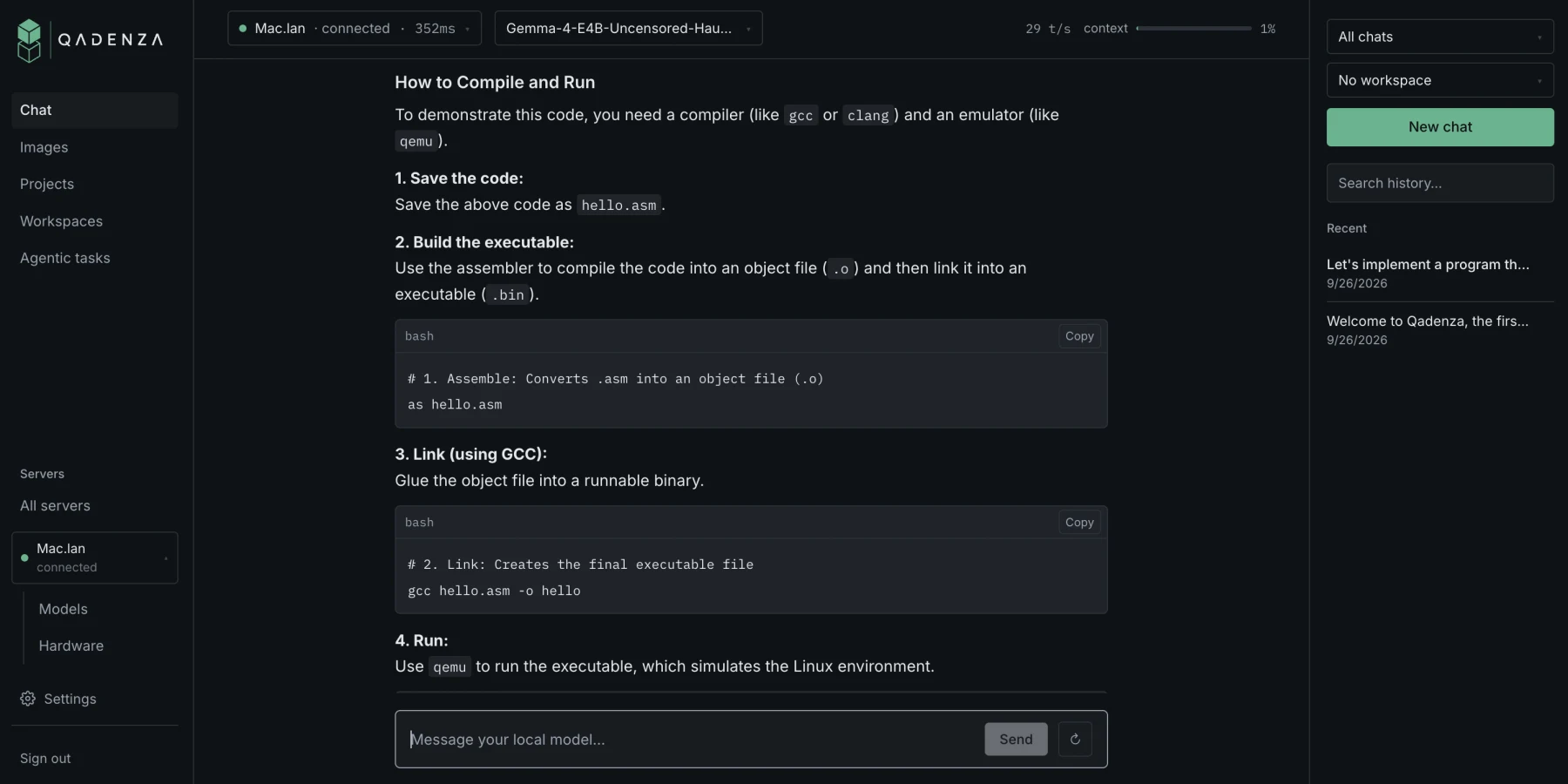 Qadenza chat: a model running on a Mac explains how to build and run a program, with copyable code blocks
